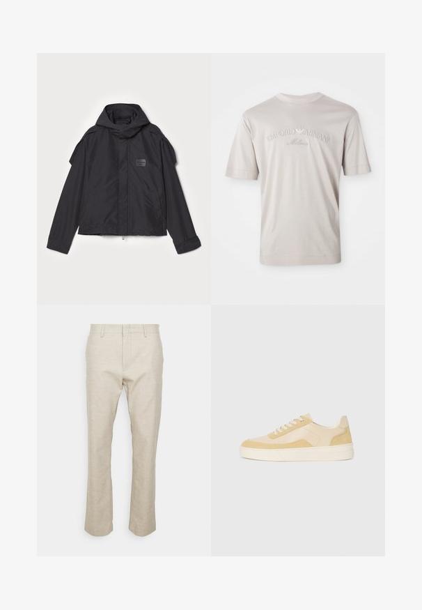 Jachetă neagră cu glugă, fabricată dintr-un material neted. Dispune de fermoar frontal, buzunare laterale și accente pe umeri. Design simplu cu etichetă.; Tricou scurt cu mânecă, de culoare bej deschis, fabricat dintr-un material moale, având brodat logo-ul "Emporio Armani Milano" într-o nuanță ușor mai închisă.; Pantaloni din in bej cu picioare drepte, buzunare frontale și o textură netedă. Design minimalist; fără modele sau accesorii vizibile.; Adidași din suede și piele galben deschis, cu o talpă moale și detalii cusute. Design clasic cu șireturi și vârf rotunjit.