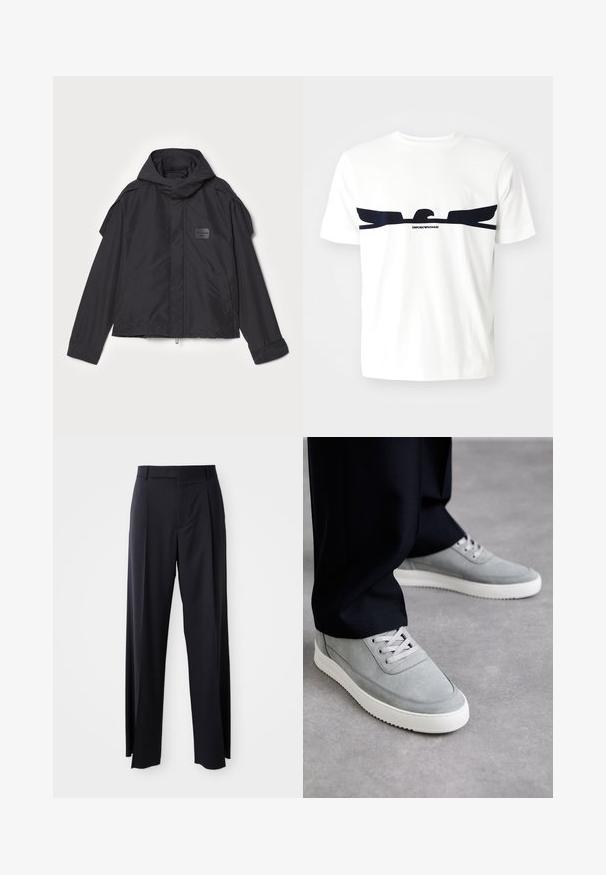 Black jacket with a hood, made of smooth fabric. Features a zip front, side pockets, and shoulder accents. Simple design with a label.; White cotton t-shirt featuring a navy blue eagle graphic and "EMPORIO ARMANI" text below the design. Short sleeves and a crew neck.; Black, high-waisted trousers with a wide-leg cut, made of smooth fabric. Features front pleats and belt loops. Minimalistic design, no visible hardware.; Gray suede sneakers with white rubber soles, featuring lace-up design, rounded toe, and subtle stitching details, worn with black pants.