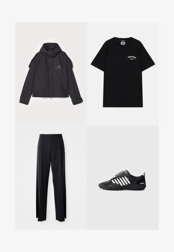 Fekete kapucnis dzseki, sima anyagból készült. Elöl zipzárral záródik, oldalsó zsebekkel és vállrész kiemelésekkel rendelkezik. Egyszerű dizájn jellemzi, címkével.; Fekete pamut póló rövid ujjakkal, fehér "DSQUARED2 MILANO" logóval a mellrészen. Kerek nyakú dizájn, sima textúra.; Fekete, magasan ültetett nadrág, széles szárai vannak, sima anyagból készült. Elülső redők és övhurkok jellemzik. Minimalista dizájn, látható fémalkatrészek nélkül.; Fekete sportcipő textúrált felsőrésszel, fehér csíkos díszítéssel, párnázott boka részel és fekete gumitalppal. Húzófüllel és "1964" részlettel rendelkezik.