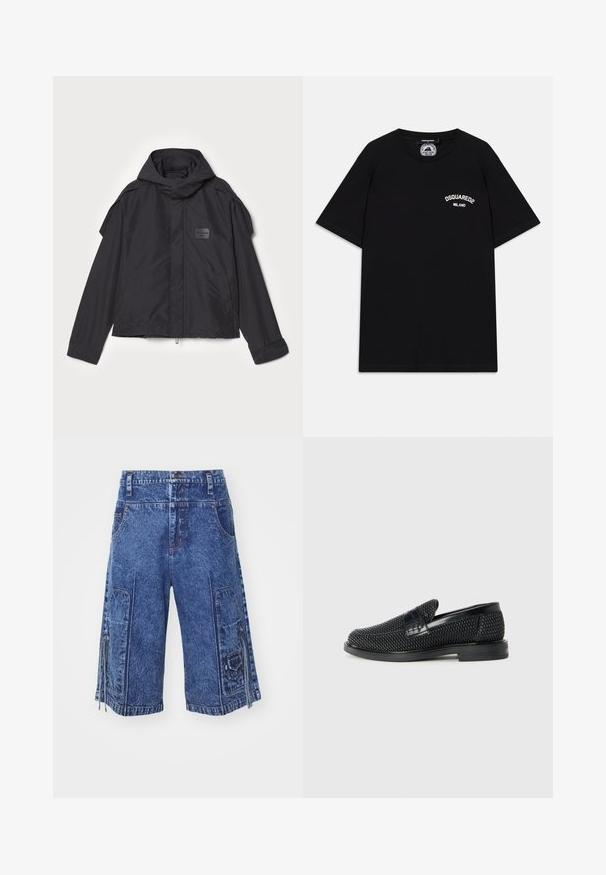 Fekete kapucnis dzseki, sima anyagból készült. Elöl zipzárral záródik, oldalsó zsebekkel és vállrész kiemelésekkel rendelkezik. Egyszerű dizájn jellemzi, címkével.; Fekete pamut póló rövid ujjakkal, fehér "DSQUARED2 MILANO" logóval a mellrészen. Kerek nyakú dizájn, sima textúra.; Közékkék farmer cargo sort, elülső zsebekkel, oldalsó cargo zsebekkel és cipzáras részletekkel. Egyenes szabással és textúrázott anyaggal rendelkezik.; Fekete szőtt slip-on cipő sima bőr díszítéssel a felsőrészen, kerek orral és alacsony profilos gumitalppal.
