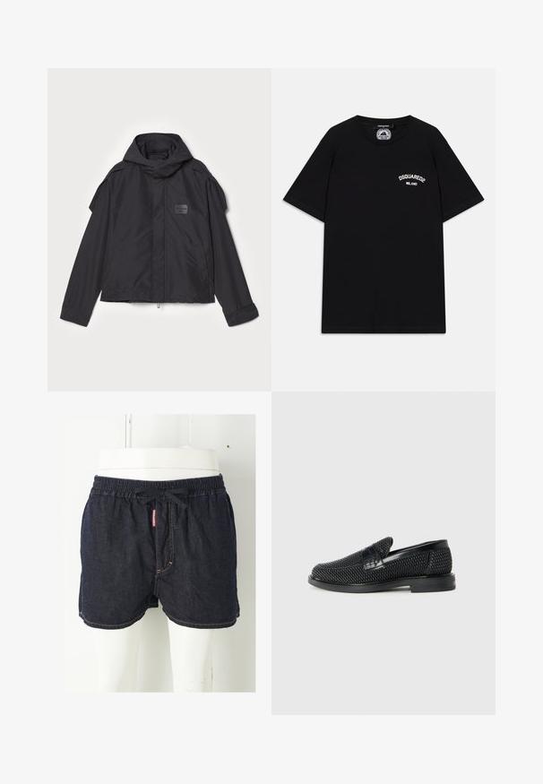 Sort jakke med hætte, lavet af glat stof. Har lynlåslukning foran, sidelommer og skulderdetaljer. Simpel design med et mærke.; Sort bomulds T-shirt med korte ærmer, der har en hvid "DSQUARED2 MILANO" logo på brystet. Crew neck-design, glat tekstur.; Mørkeblå denimshorts med elastisk talje, snøre og kontrastfyldt gul syninger. Har et mærke på forsiden.; Sort vævet slip-on sko med en glat læderdetalje på overdelen, en rund tådesign og en lavprofil gummisål.