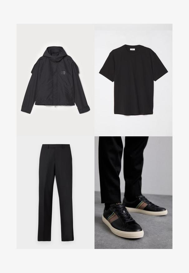 Čierna bunda s kapucňou, vyrobená z hladkej tkaniny. Obsahuje predný zips, bočné vrecká a ramenné akcenty. Jednoduchý dizajn so štítkom.; Čierne bavlnené tričko s okrúhlym výstrihom, krátkymi rukávmi a voľným strihom. Jednoduchý dizajn, hladká textúra a žiadne viditeľné vzory ani logá.; Čierne nohavice s rovnými nohavicami vyrobené z hladkej látky. Majú štandardný pás a žiadne viditeľné vzory alebo ozdoby.; Čierne kožené tenisky s multicolor pruhovanými akcentmi, okrúhlou špičkou a bielymi gumovými podrážkami, s šnurovacím dizajnom a embosovanou značkou.