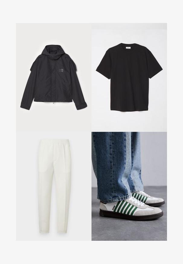 Mustatakki hupulla, valmistettu sileästä kankaasta. Ominaisuuksiin kuuluu vetoketjukiinnitys edessä, sivutaskut ja olkakorostukset. Yksinkertainen muotoilu, jossa on etiketti.; Mustat puuvillapaitat, joissa on pyöreä kaula-aukko, lyhyet hihat ja rento malli. Yksinkertainen muotoilu, sileä pinta ilman näkyviä kuvioita tai logoja.; Valkoiset kapealahkeiset housut, joissa on joustava vyötärönauha, kaksi sivutaskua ja sileä, hieman kiiltävä pinta.; Valkoiset ja vihreät lenkkarit, joissa on mokka- ja nahkamateriaaleja, vihreät raidat, valkoiset nauhat ja kumipohja. Yhdistetty sinisiin farkkuihin.