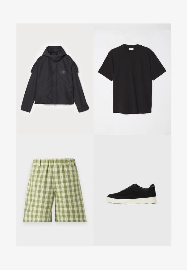 Melna jaka ar kapuci, izgatavota no gludas auduma. Aprīkota ar rāvējslēdzēju priekšā, sānu kabatām un plecu akcentiem. Vienkāršs dizains ar etiķeti.; Melna kokvilnas T-krekls ar apaļu kakla izgriezumu, īsām piedurknēm un brīvu piegulšanu. Vienkāršs dizains, gluda tekstūra un bez redzamām rakstiem vai logotipiem.; Zaļi raibi šorti ar vieglu audumu, elastīgu jostasvietu un sānu kabatām. Rūtiņu raksts mijas starp gaiši zaļu un tumši zaļu.; Melnas zamšas kedas ar auklām un kontrastējošu baltu gumijas zoli. Iekļauj teksturētas sānu panēles un diskretu zīmolu uz papēža.
