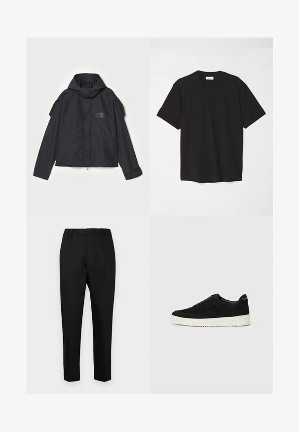 Mustatakki hupulla, valmistettu sileästä kankaasta. Ominaisuuksiin kuuluu vetoketjukiinnitys edessä, sivutaskut ja olkakorostukset. Yksinkertainen muotoilu, jossa on etiketti.; Mustat puuvillapaitat, joissa on pyöreä kaula-aukko, lyhyet hihat ja rento malli. Yksinkertainen muotoilu, sileä pinta ilman näkyviä kuvioita tai logoja.; Mustat housut, joissa on joustava vyötärö, kapenevat lahkeet ja sileä pinta. Vähäiset saumat ilman näkyviä metalliosia tai koristeita.; Mustat mokkakengät nauhoilla ja kontrastivalkoisella kumipohjalla. Varustettu teksturoiduilla sivupaneeleilla ja huomaamattomalla brändäyksellä kantapäässä.