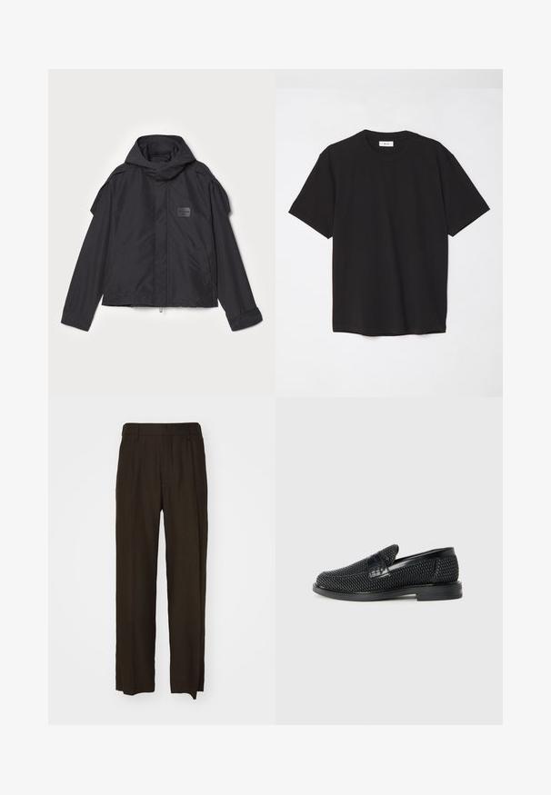 Sort jakke med hætte, lavet af glat stof. Har lynlåslukning foran, sidelommer og skulderdetaljer. Simpel design med et mærke.; Sort bomulds T-shirt med rund hals, korte ærmer og en afslappet pasform. Enkel design, glat tekstur og ingen synlige mønstre eller logoer.; Brune, brede bukser i et tekstureret stof med høj talje og frontfolder. Lige ben med rene, afsluttede sømme.; Sort vævet slip-on sko med en glat læderdetalje på overdelen, en rund tådesign og en lavprofil gummisål.
