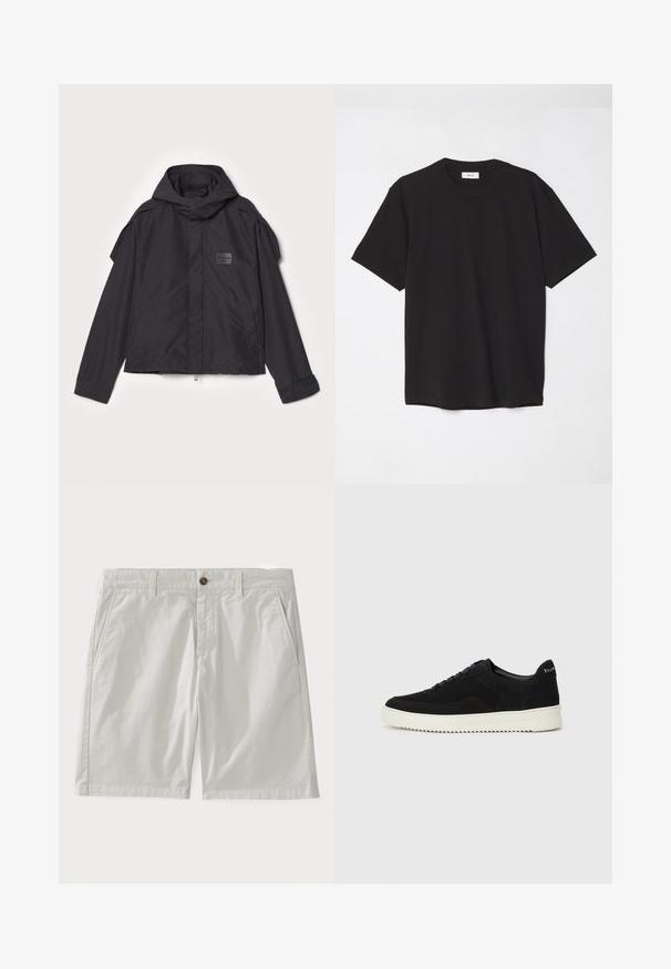 Musthaveheide mustaghuri hoodiga, valge catsosta. Omab esist zip ja külge taskud, õlavarre aksendid. Lihtne disain ja silt.; Must must t-särk, millel on ümmargune kaelus, lühikesed varrukad ja lõdva soe. Lihtne disain, sile tekstuur ja nähtamatud mustrid või logod.; Valged puuvillased lühikesed püksid, millel on nööbikinnitus, vööaasad ja küljetaskud. Kangas näeb välja sile ning sellel on klassikaline, kohandatud disain.; Mustad suede jooksujalatsid, millel on paelad ja kontrastne valge kummitald. Omab tekstuuriga külgpaneele ja tagasihoidlikku brändimist kandadel.