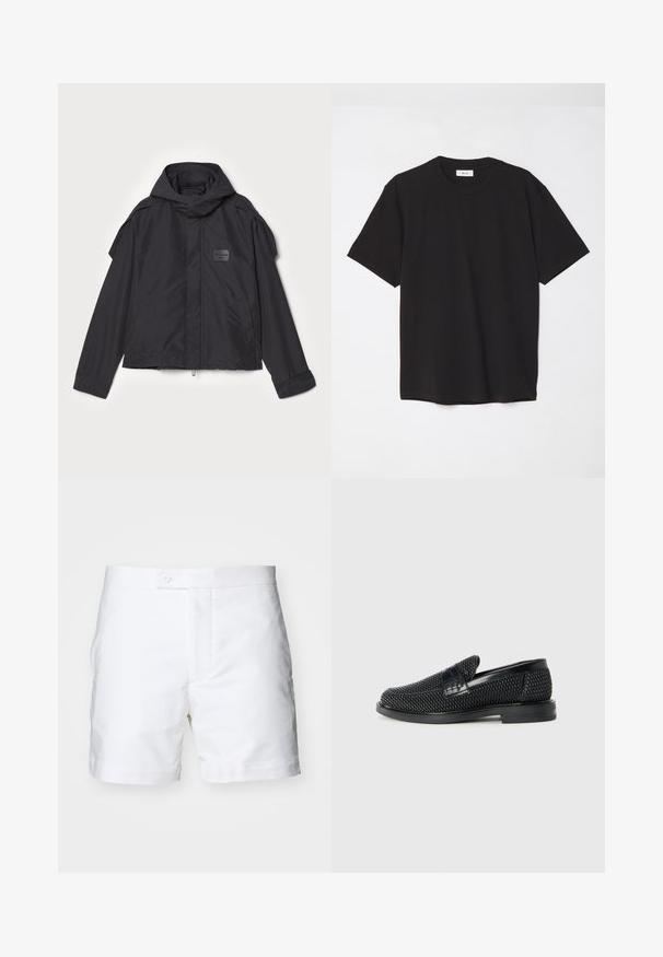Melna jaka ar kapuci, izgatavota no gludas auduma. Aprīkota ar rāvējslēdzēju priekšā, sānu kabatām un plecu akcentiem. Vienkāršs dizains ar etiķeti.; Melna kokvilnas T-krekls ar apaļu kakla izgriezumu, īsām piedurknēm un brīvu piegulšanu. Vienkāršs dizains, gluda tekstūra un bez redzamām rakstiem vai logotipiem.; Baltas kokvilnas šorti ar taisnu piegriezumu, divām sānu kabatām, pogu aizdari un tīru, gludu tekstūru. Malu apdare ir kārtīga un salocīta.; Melnas austas slaidu kurpes ar gludu ādas akcentu augšpusē, apaļas formas purngalu un zemas profila gumijas zoli.