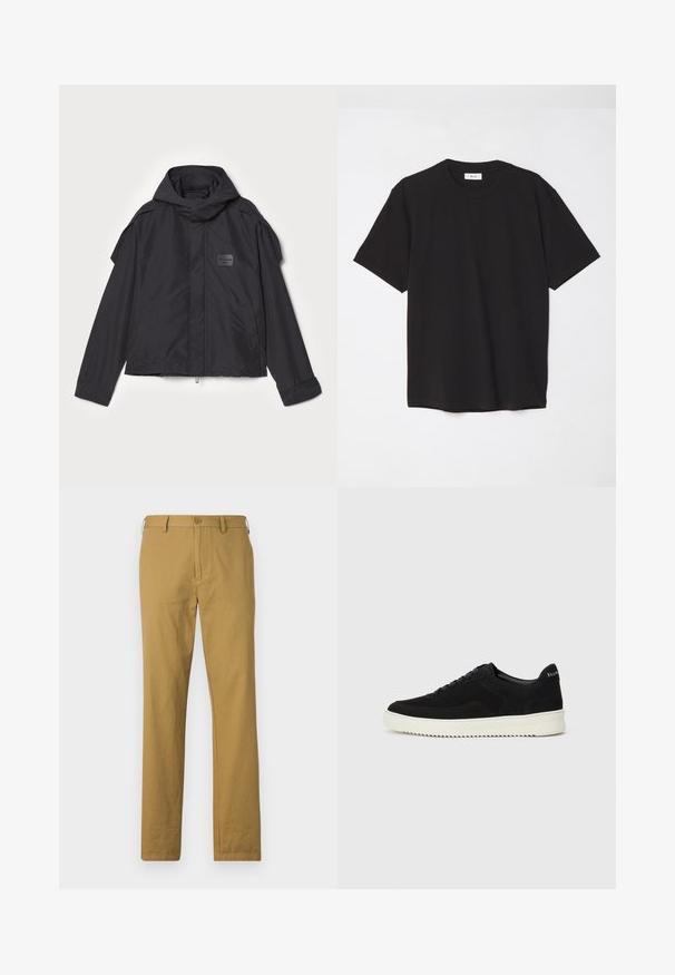 Sort jakke med hætte, lavet af glat stof. Har lynlåslukning foran, sidelommer og skulderdetaljer. Simpel design med et mærke.; Sort bomulds T-shirt med rund hals, korte ærmer og en afslappet pasform. Enkel design, glat tekstur og ingen synlige mønstre eller logoer.; Beige bomuldsbukser med lige snit, frontlommer og knaplukning. Glat tekstur og minimalistisk design, ingen synlige mønstre.; Sort ruskinds sneaker med snørebånd og kontrasterende hvid gummisål. Har teksturerede sidepaneler og diskret branding på hælen.