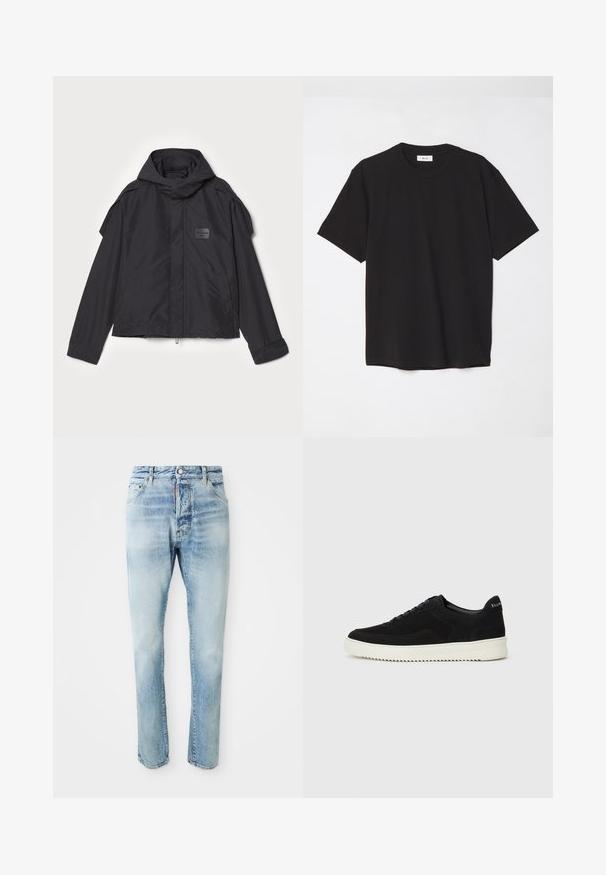Melna jaka ar kapuci, izgatavota no gludas auduma. Aprīkota ar rāvējslēdzēju priekšā, sānu kabatām un plecu akcentiem. Vienkāršs dizains ar etiķeti.; Melna kokvilnas T-krekls ar apaļu kakla izgriezumu, īsām piedurknēm un brīvu piegulšanu. Vienkāršs dizains, gluda tekstūra un bez redzamām rakstiem vai logotipiem.; Gaiši zilas, izbalējušas džinsu bikses ar pogu un rāvējslēdzēju, priekšējām un aizmugurējām kabatām, izliktas uz vienkārša baltā fona.; Melnas zamšas kedas ar auklām un kontrastējošu baltu gumijas zoli. Iekļauj teksturētas sānu panēles un diskretu zīmolu uz papēža.