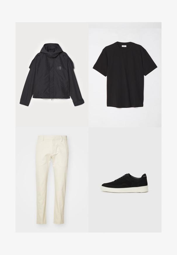 Jachetă neagră cu glugă, fabricată dintr-un material neted. Dispune de fermoar frontal, buzunare laterale și accente pe umeri. Design simplu cu etichetă.; Tricou negru din bumbac, cu guler rotund, mâneci scurte și o croială lejeră. Design simplu, textură netedă și fără modele sau logo-uri vizibile.; Pantaloni din bumbac bej cu un design cu picior drept, fermoar frontal și buzunare plate. ȚesăturăTexturată cu o suprafață netedă.; Adidași negri din suede cu design cu șireturi și talpă din cauciuc alb contrastant. Prezintă panouri laterale texturate și branding subtil pe toc.