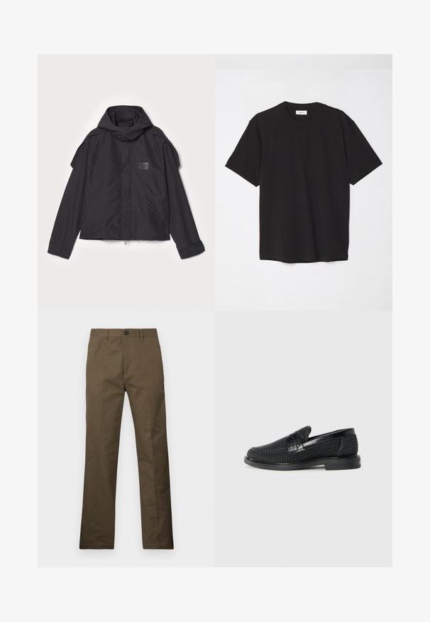 Juodas švarkas su kapišonu, pagamintas iš lygios medžiagos. Yra užtrauktukas priekyje, šoninės kišenės ir pečių akcentai. Paprastas dizainas su etikete.; Juodas medvilninis marškinėlis su apvaliu kaklu, trumpomis rankovėmis ir laisvu siluetu. Paprastas dizainas, lygus paviršius ir be matomų raštų ar logotipų.; Rudi medvilniniai kelnių su tiesiais kirpimu, su sagos uždarymu ir šoninėmis kišenėmis, demonstruojami prieš baltą fono.; Juodas pintas slip-on tipo batelis su lygiu odiniu akcentu viršuje, apvalios nosies dizainas ir žemas guminis padas.