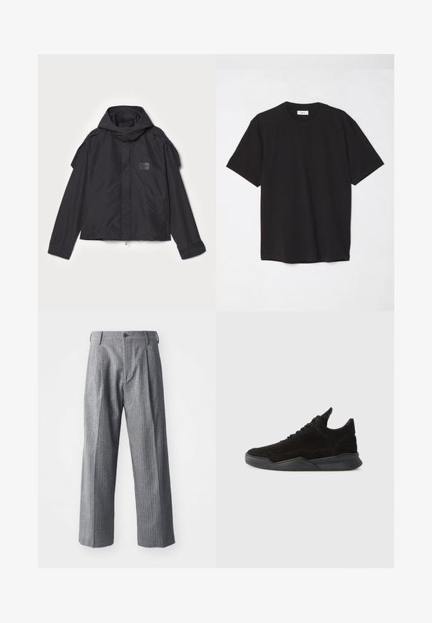 Black jacket with a hood, made of smooth fabric. Features a zip front, side pockets, and shoulder accents. Simple design with a label.; Black cotton t-shirt with a crew neck, short sleeves, and a relaxed fit. Simple design, smooth texture, and no visible patterns or logos.; NN.07 JUSTIN - Trousers - grey; Black suede sneaker with a low profile, textured upper, flat laces, and a solid rubber sole featuring a slight heel and curved design.