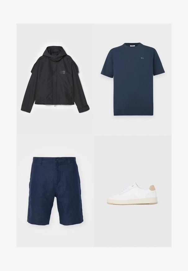 Czarna kurtka z kapturem, wykonana z gładkiego materiału. Posiada zamek z przodu, boczne kieszenie i akcenty na ramionach. Prosty design z metką.; Granatowa koszulka z krótkim rękawem i okrągłym dekoltem z małym białym logiem "NN. 07" na lewej piersi, na białym tle.; Granatowe lniane szorty z zapięciem na guzik, prostym krojem, gładką teksturą i minimalistycznym stylem.; Białe niskie sneakersy z teksturowanej skórzanej cholewce, kremową żłobioną podeszwą i brązowym akcentem na pięcie. Posiadają białe sznurowadła i detal z logo na pięcie.