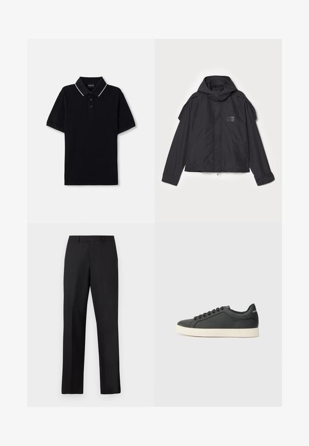 Černá bunda s kapucí, vyrobená z hladké tkaniny. Obsahuje zapínání na zip vpředu, boční kapsy a akcenty na ramenou. Jednoduchý design s štítkem.; Černé polo tričko s krátkým rukávem, texturovaný límec s bílým lemováním a tříknoflíkovou légou. Název značky na límci.; Černé kalhoty s rovnými nohavicemi vyrobené z hladké látky. Mají standardní pas a žádné viditelné vzory či zdobení.; Černé kožené tenisky s nízkým profilem, zaoblenou špičkou a šněrováním; mají texturovanou gumovou podrážku a logo na patě.