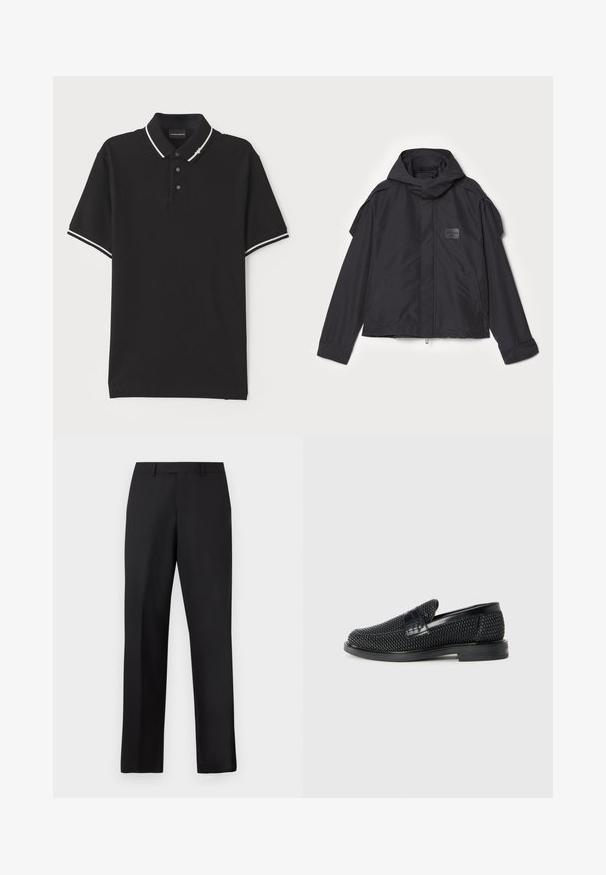 Černá bunda s kapucí, vyrobená z hladké tkaniny. Obsahuje zapínání na zip vpředu, boční kapsy a akcenty na ramenou. Jednoduchý design s štítkem.; Černé polo tričko vyrobené z bavlny, s límečkem, zapínáním na tři knoflíky a bílými lemy na rukávech. Hladká textura a standardní střih.; Černé kalhoty s rovnými nohavicemi vyrobené z hladké látky. Mají standardní pas a žádné viditelné vzory či zdobení.; Černé pletené nazouvací boty s hladkým koženým akcentem na svršku, kulatou špičkou a nízkoprofilovou gumovou podrážkou.