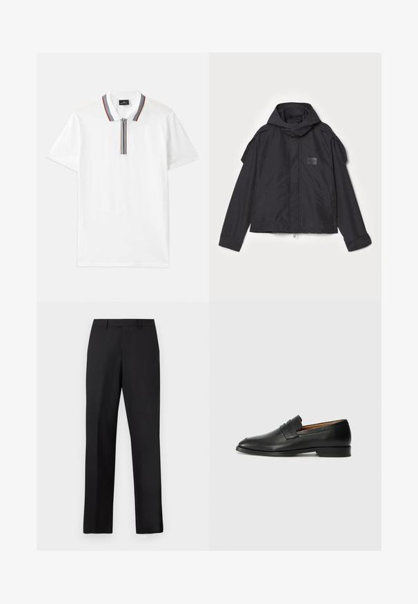 Černá bunda s kapucí, vyrobená z hladké tkaniny. Obsahuje zapínání na zip vpředu, boční kapsy a akcenty na ramenou. Jednoduchý design s štítkem.; Bílá polo košile s límcem na zip, zdobená červenými, modrými a hnědými pruhy, s krátkými rukávy a hladkou, bavlněnou texturou.; Černé kalhoty s rovnými nohavicemi vyrobené z hladké látky. Mají standardní pas a žádné viditelné vzory či zdobení.; Černé kožené mokasíny s kulatou špičkou, jemným prošíváním a nízkým podpatkem, s hladkým povrchem a minimalistickým designem.