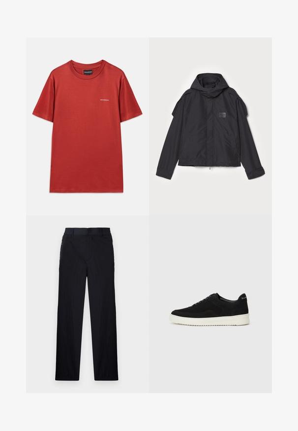 Fekete kapucnis dzseki, sima anyagból készült. Elöl zipzárral záródik, oldalsó zsebekkel és vállrész kiemelésekkel rendelkezik. Egyszerű dizájn jellemzi, címkével.; Piros pamut póló, kerek nyakkal, rövid ujjakkal és egy diszkrét fehér logóval a mellrészen, sima textúrával és laza fazonnal.; Fekete nadrág könnyű, textúrált anyagból, egyenes szárú kialakítással, rugalmas derékpánttal és oldalsó cipzáras zsebekkel.; Fekete velúr sportcipő fűzős dizájnnal és kontrasztos fehér gumitalppal. Jellemzői a textúrázott oldalpanelek és a diszkrét logó a sarokon.