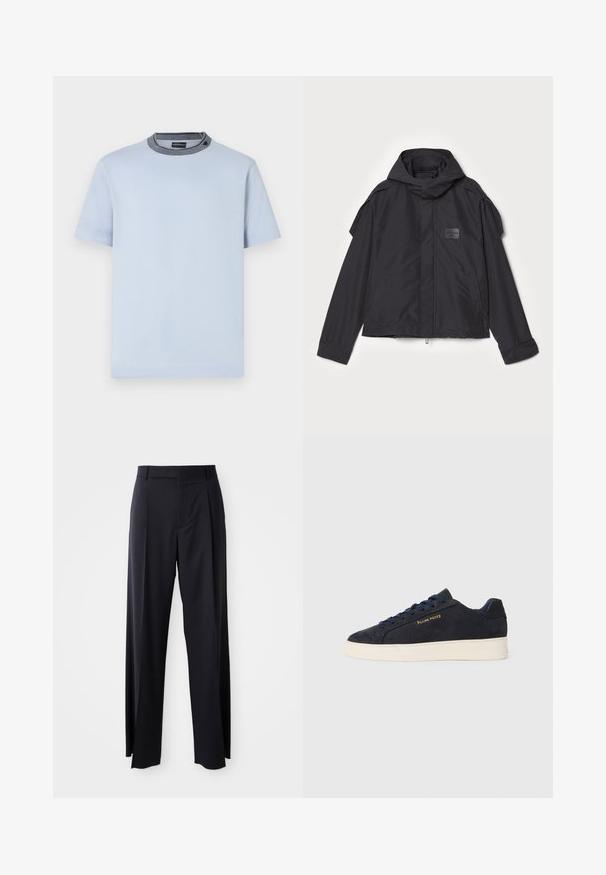 Czarna kurtka z kapturem, wykonana z gładkiego materiału. Posiada zamek z przodu, boczne kieszenie i akcenty na ramionach. Prosty design z metką.; Emporio Armani - T-shirt basic; Czarne, wysokie spodnie o szerokim kroju, wykonane z gładkiego materiału. Posiadają zakładki z przodu i paski na pasek. Minimalistyczny design, bez widocznych elementów metalowych.; Granatowe zamszowe sneakersy niskie z białą podeszwą, granatowymi sznurówkami i logo "Filling Pieces" w złotym kolorze na boku.