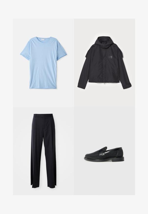Czarna kurtka z kapturem, wykonana z gładkiego materiału. Posiada zamek z przodu, boczne kieszenie i akcenty na ramionach. Prosty design z metką.; Jasnoniebieska koszulka z krótkim rękawem, z okrągłym dekoltem, leżąca na białym tle.; Czarne, wysokie spodnie o szerokim kroju, wykonane z gładkiego materiału. Posiadają zakładki z przodu i paski na pasek. Minimalistyczny design, bez widocznych elementów metalowych.; Czarny, pleciony but wsuwany z gładkim skórzanym akcentem na cholewce, o okrągłym nosku i niskoprofilowej gumowej podeszwie.