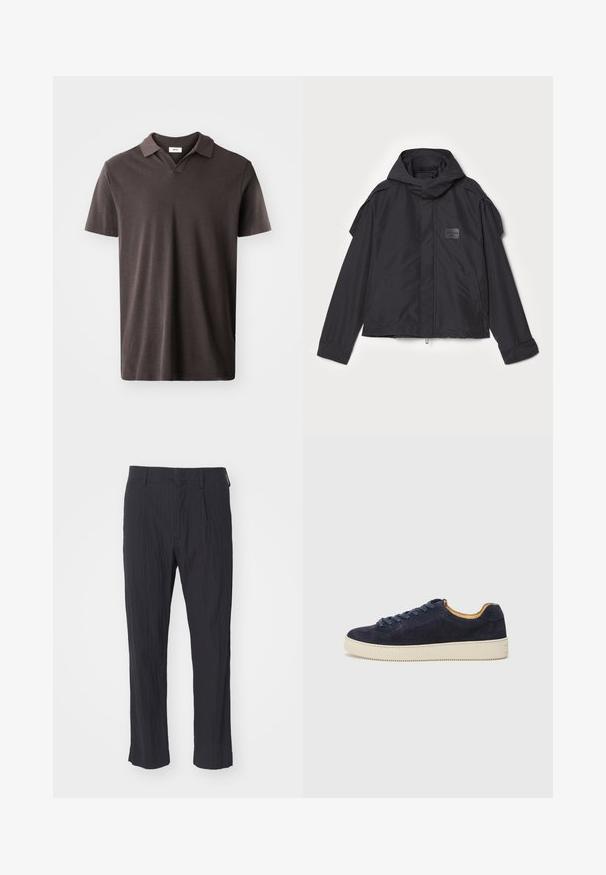 Čierna bunda s kapucňou, vyrobená z hladkej tkaniny. Obsahuje predný zips, bočné vrecká a ramenné akcenty. Jednoduchý dizajn so štítkom.; Tmavohnedé polo tričko s krátkym rukávom, ktoré má klasický golier a jemne textúrovanú látku, s rovnomerným lemovaním a minimalistickým dizajnom.; Čierne plisované nohavice z textúrovanej látky, s rovno strihanými nohavicami a štandardným pásom. Bez viditeľných vreciek alebo kovania.; Námornícky semišové nízkopoložené tenisky s okrúhlou špičkou, krémovou gumovou podrážkou a zodpovedajúcimi šnúrkami; majú kontrastnú hnedú vnútornú podšívku.