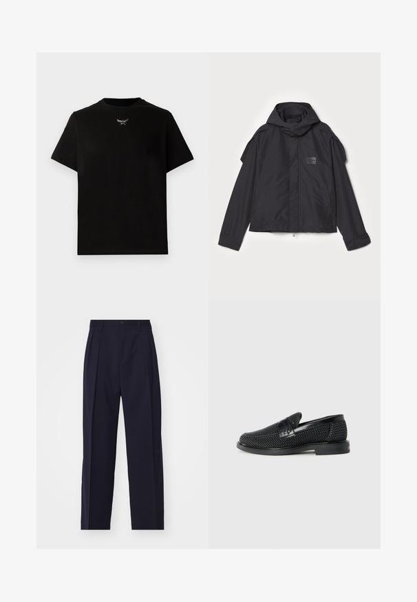 Černá bunda s kapucí, vyrobená z hladké tkaniny. Obsahuje zapínání na zip vpředu, boční kapsy a akcenty na ramenou. Jednoduchý design s štítkem.; Černé bavlněné tričko s krátkými rukávy, kulatým výstřihem a stříbrným detailem loga na hrudi. Hladká textura a uvolněný střih.; Námorně modré, upravené kalhoty s rovnými nohavicemi, sklady v přední části, zapínání na knoflík a bez viditelných kapes. Hladká textura látky.; Černé pletené nazouvací boty s hladkým koženým akcentem na svršku, kulatou špičkou a nízkoprofilovou gumovou podrážkou.