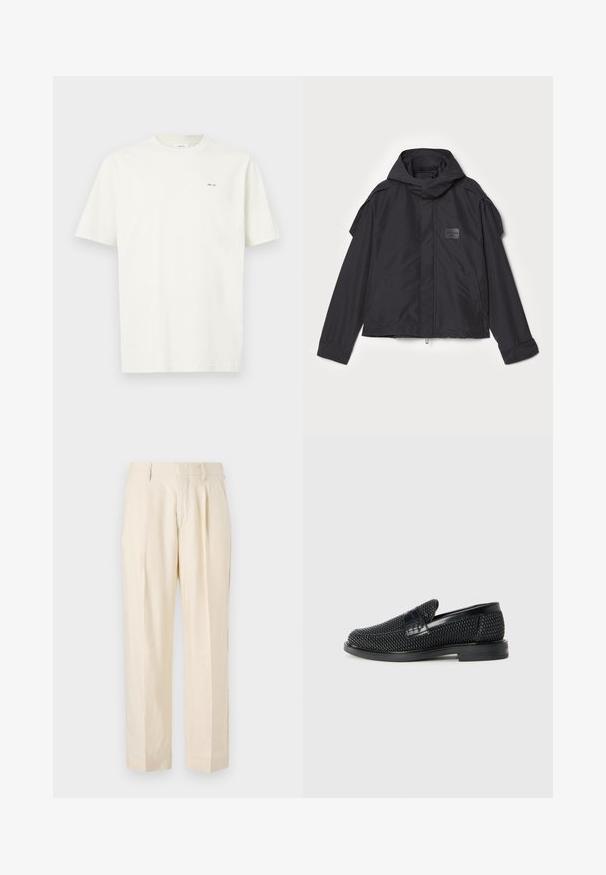 Melna jaka ar kapuci, izgatavota no gludas auduma. Aprīkota ar rāvējslēdzēju priekšā, sānu kabatām un plecu akcentiem. Vienkāršs dizains ar etiķeti.; Vienkārša balta T-krekliņa ar īsām piedurknēm kreisajā krūtī ir mazs melns teksts "NN. 07" uz gaiša fona.; NN.07 KAY - Auduma bikses - off white; Melnas austas slaidu kurpes ar gludu ādas akcentu augšpusē, apaļas formas purngalu un zemas profila gumijas zoli.