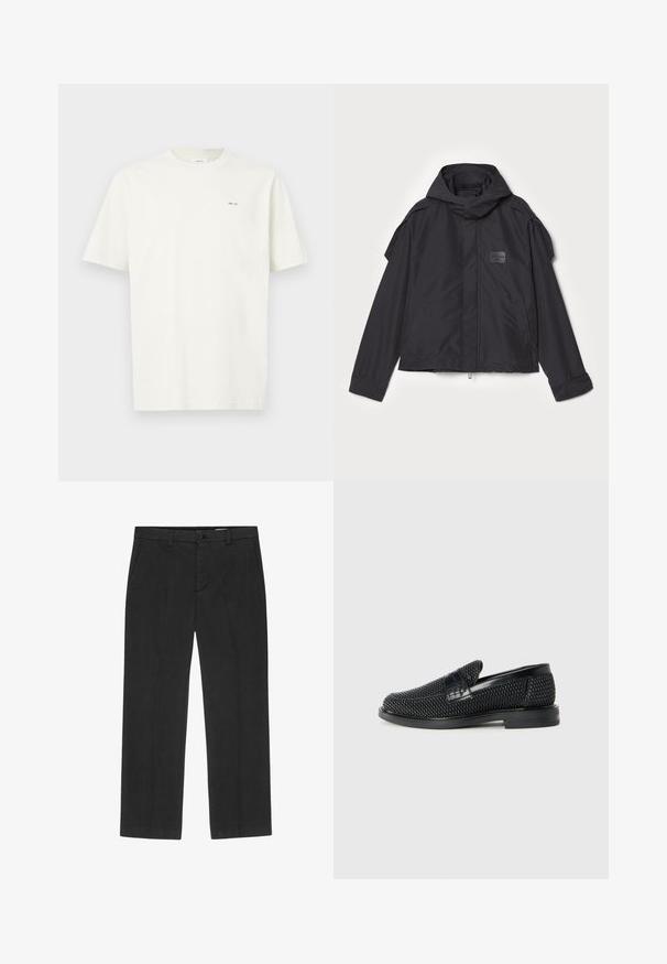 Czarna kurtka z kapturem, wykonana z gładkiego materiału. Posiada zamek z przodu, boczne kieszenie i akcenty na ramionach. Prosty design z metką.; Jasna biała koszulka z krótkim rękawem z małym czarnym napisem "NN. 07" na lewej piersi na jasnym tle.; Czarne spodnie o prostym kroju, wykonane z lekkiego materiału. Posiadają kieszenie z przodu i zapięcie na guzik. Gładka tekstura.; Czarny, pleciony but wsuwany z gładkim skórzanym akcentem na cholewce, o okrągłym nosku i niskoprofilowej gumowej podeszwie.