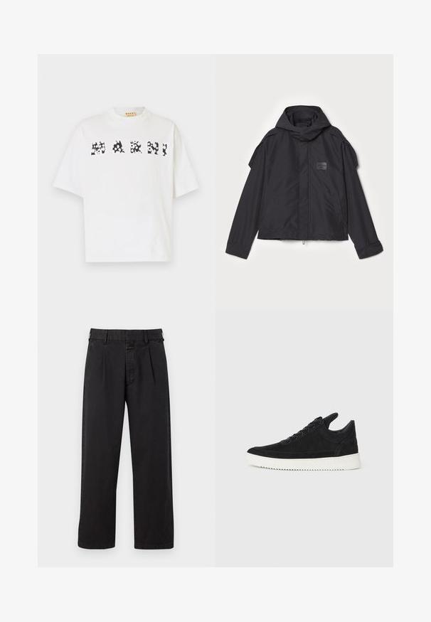 Melna jaka ar kapuci, izgatavota no gludas auduma. Aprīkota ar rāvējslēdzēju priekšā, sānu kabatām un plecu akcentiem. Vienkāršs dizains ar etiķeti.; Balta kokvilnas T-kreklu ar īsām piedurknēm un augstu dekoltē. Priekšpusē ir melnā ziedu raksta burti, kas veido vārdu "MARNI".; Melnas kokvilnas bikses ar taisnu griezumu, ar piegrieztiem pleciem, jostu cilpiņām un pogu aizdari. Gluda struktūra bez rakstiem.; Melna zamša apavi ar baltu gumijas zoli, ar tonālu izšuvumu un auklu dizainu. Gluda tekstūra ar mūsdienīgu, plūstošu formu.