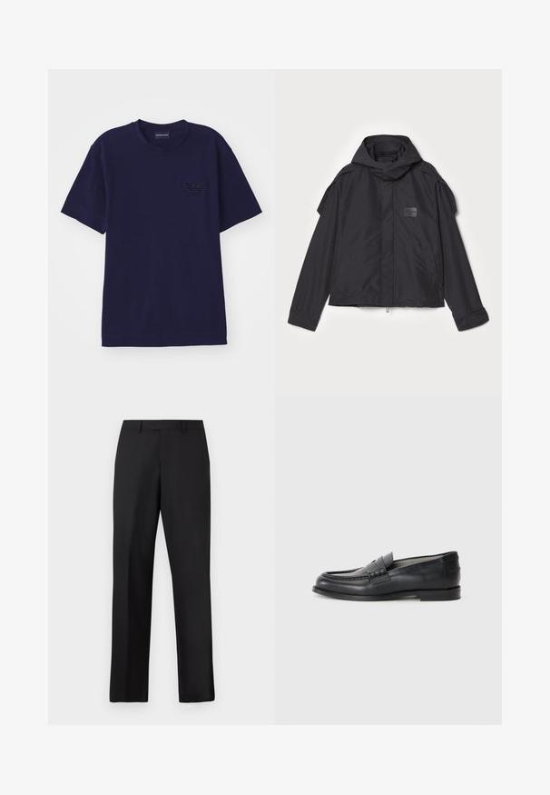 Jachetă neagră cu glugă, fabricată dintr-un material neted. Dispune de fermoar frontal, buzunare laterale și accente pe umeri. Design simplu cu etichetă.; Tricou din bumbac de culoare albastru marin, cu mâneci scurte, având un logo texturat brodat în formă de vultur pe partea stângă a pieptului.; Pantaloni negri cu talie dreaptă, realizați dintr-un material neted. Prezintă o talie standard și nu au modele sau accente vizibile.; Loafers negri din piele cu un finisaj neted, vârf rotund, brățară decorativă și design minimalist. Dispun de un toc mic, pătrat.