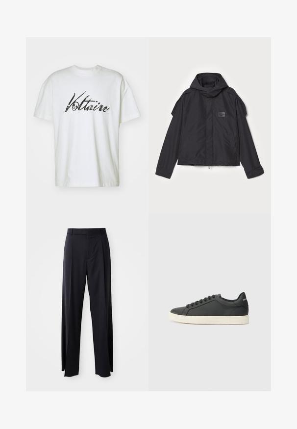 Μαύρο μπουφάν με κουκούλα, κατασκευασμένο από λεία ύφανση. Διαθέτει φερμουάρ μπροστά, πλάγιες τσέπες και διακρίσεις στους ώμους. Απλός σχεδιασμός με ετικέτα.; Λευκό βαμβακερό t-shirt με κοντά μανίκια και χαλαρή εφαρμογή, που διαθέτει μια μαύρη εκτύπωση γραφικών με τον "Βολταίρο" και ένα σχέδιο κρανίου.; Μαύρο παντελόνι ψηλόμεσο με φαρδιά γραμμή, κατασκευασμένο από απαλό ύφασμα. Διαθέτει πιέτες εμπρός και θηλιές ζώνης. Μινιμαλιστικός σχεδιασμός, χωρίς ορατά αξεσουάρ.; Μαύρο δερμάτινο αθλητικό παπούτσι με χαμηλό προφίλ, στρογγυλή μύτη και κλείσιμο με κορδόνια. Διαθέτει υφή ελαστική σόλα και λεπτομέρεια λογότυπου στη φτέρνα.