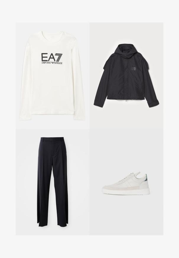 Musthaveheide mustaghuri hoodiga, valge catsosta. Omab esist zip ja külge taskud, õlavarre aksendid. Lihtne disain ja silt.; Kreemivärvi pikkeste varrukatega puuvillane T-särk musta EA7 Emporio Armani logotähega. Ümmargune kaelus ja standardne lõige, sirge alläär. Pehme tekstuur.; Mustad, kõrge vöökohtaga püksid laia säärte lõikega, valmistatud siledast kangast. Omab ees plekke ja vöörihmade jaoks silmuseid. Minimalistlik disain, nähtavat riistvara pole.; Valged nahkstennised hallide seemisnahast detailidega, paeltega sulgemine, tõmmetab, ning reljeefne kummisoont, millel on siksakmuster.