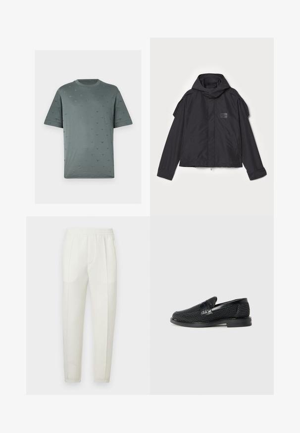 Melna jaka ar kapuci, izgatavota no gludas auduma. Aprīkota ar rāvējslēdzēju priekšā, sānu kabatām un plecu akcentiem. Vienkāršs dizains ar etiķeti.; Īsām piedurknēm, ar apaļu kakla izgriezumu, t-krekls bālganzaļā krāsā ar nelielu izspiestu rakstu, kas satur mazus tumši pelēkus trīsstūrus visā audumā. Mīksta tekstūra.; Baltas slaidas bikses ar elastīgu jostasvietu, kurām ir divas sānu kabatas un gluda, nedaudz spīdīga tekstūra.; Melnas austas slaidu kurpes ar gludu ādas akcentu augšpusē, apaļas formas purngalu un zemas profila gumijas zoli.