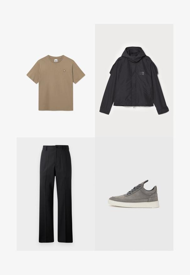 Melna jaka ar kapuci, izgatavota no gludas auduma. Aprīkota ar rāvējslēdzēju priekšā, sānu kabatām un plecu akcentiem. Vienkāršs dizains ar etiķeti.; Dzeltena īsām piedurknēm T-kreklu ar nelielu apaļu logo uzšuvumu, kurā ir balts "W" kreisajā krūtī.; Melnas taisnas kājas bikses ar jostu cilpiņām, priekšējo pogu un rāvējslēdzēja aizdari, izliktas pret vienkāršu baltu fonu.; Pelēki zamša sporta apavi ar strukturētu virsmu, aprīkoti ar baltu gumijas zoli, apaļām šņorēm un zemu piegriezumu.