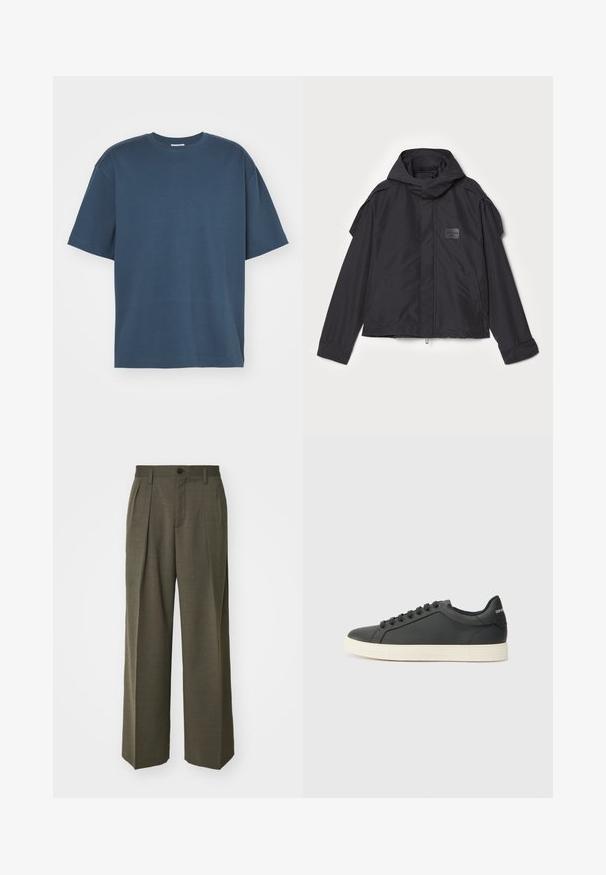 Juodas švarkas su kapišonu, pagamintas iš lygios medžiagos. Yra užtrauktukas priekyje, šoninės kišenės ir pečių akcentai. Paprastas dizainas su etikete.; Filippa K HEAVY CREW NECK TEE - Paprasti marškinėliai - dawn blue; Filippa K WIDE TROUSERS - Kelnės - driftwood; Juodos odinės sportinės bateliai su žemu profiliu, apvaliu pirštu ir raištelių uždarymu; turi tekstūruotą guminį padą ir logotipo detalę ant kulno.