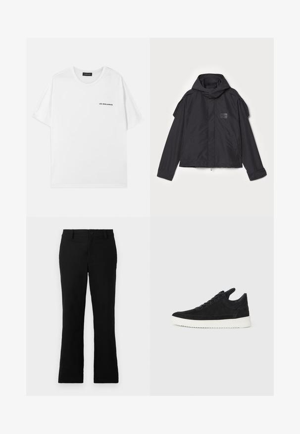 Black jacket with a hood, made of smooth fabric. Features a zip front, side pockets, and shoulder accents. Simple design with a label.; White cotton t-shirt with a round neck and short sleeves. Features "LES BENJAMINS" printed in black on the left chest.; Black flared trousers made of cotton blend fabric, featuring a button closure, belt loops, and a smooth texture with no visible patterns.; Black suede sneaker with a white rubber sole, featuring tonal stitching and lace-up design. Smooth texture with a modern, streamlined shape.