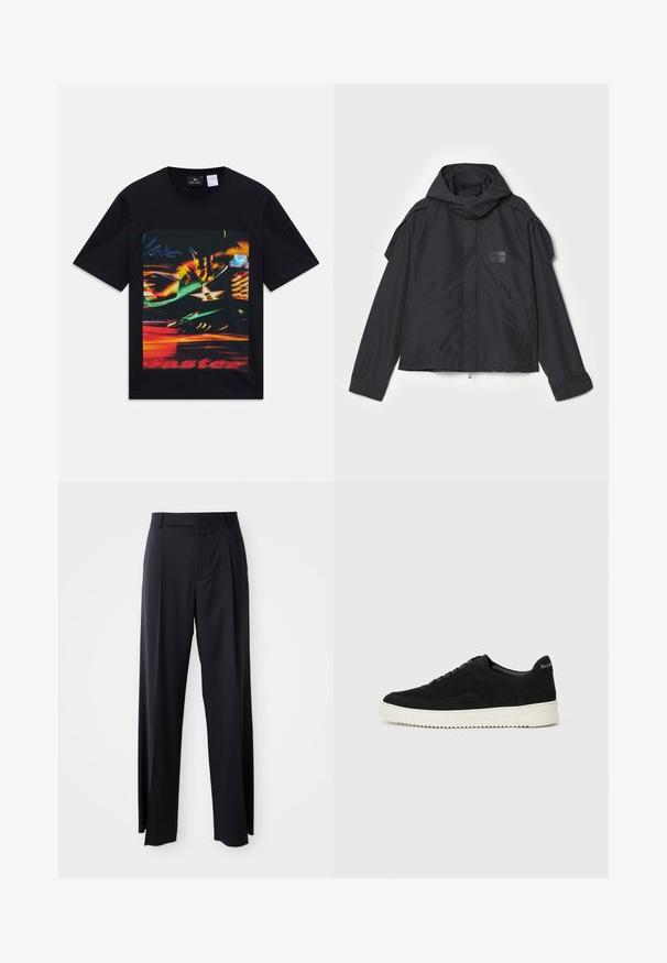 Juodas švarkas su kapišonu, pagamintas iš lygios medžiagos. Yra užtrauktukas priekyje, šoninės kišenės ir pečių akcentai. Paprastas dizainas su etikete.; Juoda trumpa rankovė marškinėliai su spalvinga neryškių neoninių šviesų grafika, įskaitant žvaigždę su skaičiumi vienas ir daline raudona tekstu "greičiau".; Juodi, aukštai užtraukiami kelnių modeliai su plačiomis kojomis, pagaminti iš lygaus audinio. Yra priekiniai raukšlės ir diržo kilpos. Minimalistinio dizaino, be matomų detalių.; Juodos veliūrinės sportinės bateliai su raištelių dizainu ir kontrastinga balta gumine padais. Yra tekstūruoti šoniniai skydeliai ir subtilus logotipas ant kulno.