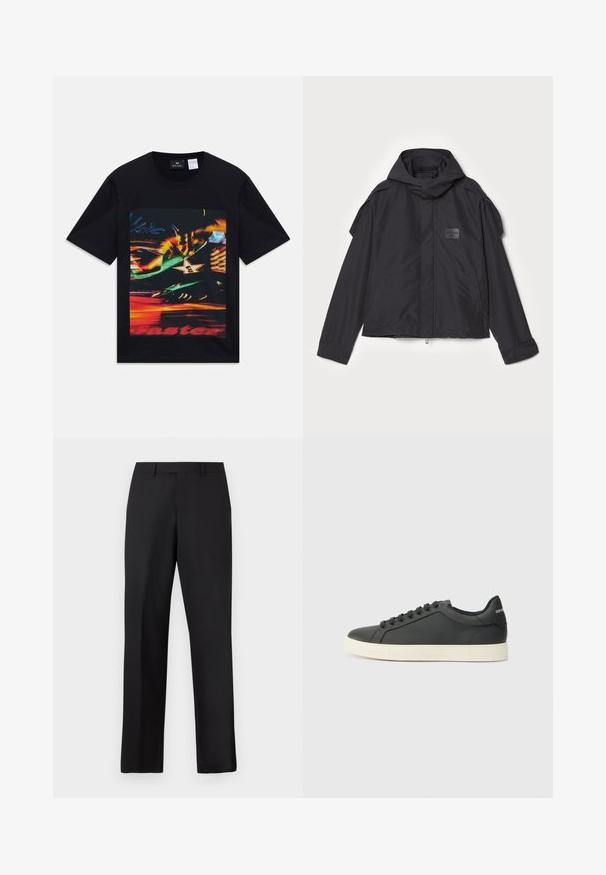 Melna jaka ar kapuci, izgatavota no gludas auduma. Aprīkota ar rāvējslēdzēju priekšā, sānu kabatām un plecu akcentiem. Vienkāršs dizains ar etiķeti.; Melna īsām piedurknēm T-krekls ar krāsainu izplūdušu neona gaismu grafiku, kurā iekļauta zvaigzne ar skaitli viens un daļēji sarkans uzraksts "ātrāk".; Melnas, taisnas bikses no gludas auduma. Tām ir standarta jostasvieta, bez redzamiem rakstiem vai akcentsiem.; Melna ādas kedas ar zemu profilu, noapaļotu purngalu un savelkamu aizdari; ar teksturētu gumijas zoli un logotipa detaļu uz papēža.