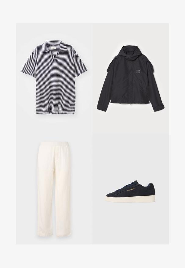 Black jacket with a hood, made of smooth fabric. Features a zip front, side pockets, and shoulder accents. Simple design with a label.; Striped polo shirt with a V-neckline, featuring navy blue and white horizontal stripes, short sleeves, and a soft, lightweight fabric.; Lightweight, cream-colored pants with an elastic waistband, straight leg design, and subtle texture. Features no visible pockets.; Navy blue suede low-top sneaker with white sole, navy laces, and "Filling Pieces" logo in gold on the side.