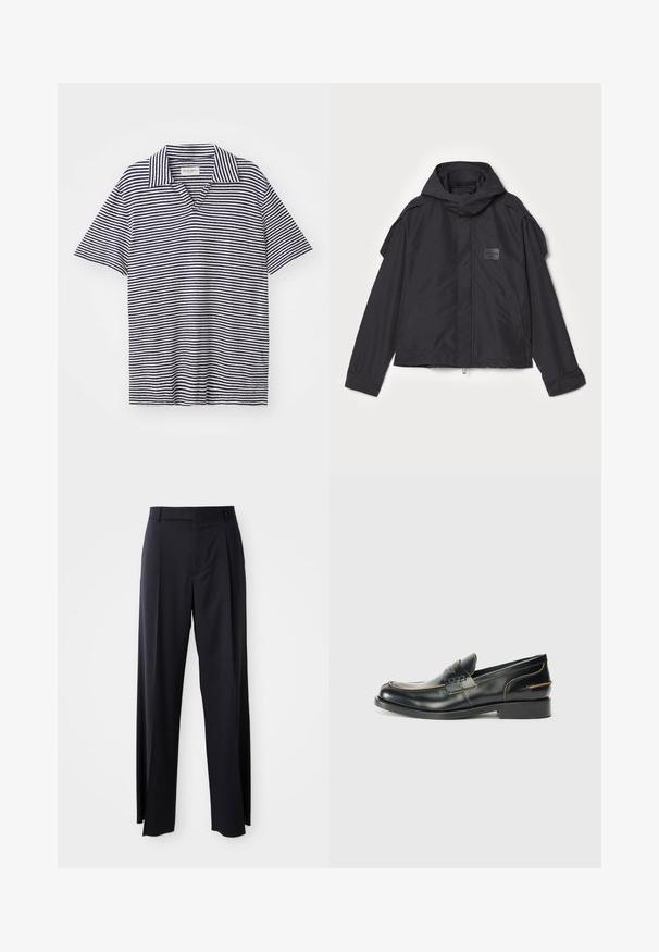 Jachetă neagră cu glugă, fabricată dintr-un material neted. Dispune de fermoar frontal, buzunare laterale și accente pe umeri. Design simplu cu etichetă.; Polo cu dungi, cu decolteu în V, având dungi orizontale bleumarin și albe, mâneci scurte și un material moale, ușor.; Pantaloni negri, cu talie înaltă și croi evazat, dintr-un material fin. Prezintă pliseuri frontale și buzunare cu curea. Design minimalist, fără accesorii vizibile.; Pantofi loafer din piele neagră, cu un design elegant, având cusături subtile și un toc mic, expuși pe un fundal alb simplu.