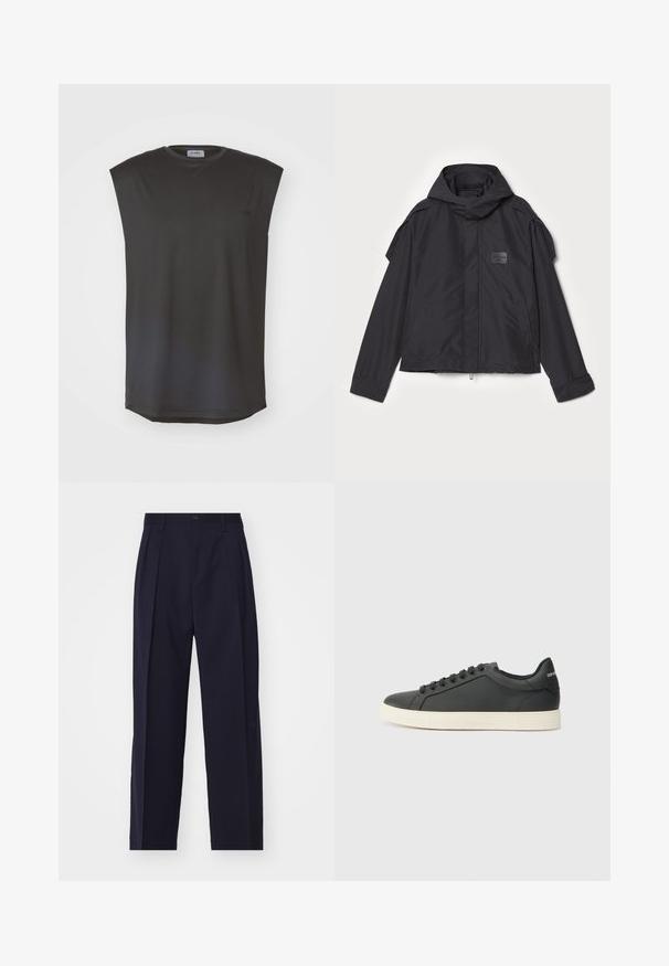 Fekete kapucnis dzseki, sima anyagból készült. Elöl zipzárral záródik, oldalsó zsebekkel és vállrész kiemelésekkel rendelkezik. Egyszerű dizájn jellemzi, címkével.; ICANIWILL STRIDE SLEEVELESS MEN - Felső - graphite; Tengerészkék, testre szabott nadrág egyenes lábakkal, elöl redők, gombos záródás és látható zsebek nélkül. Simaságot sugárzó szövet.; Fekete bőr sportcipő alacsony profilú, lekerekített orral és fűzős záródással; texturált gumitalppal és logó részlettel a saroknál.