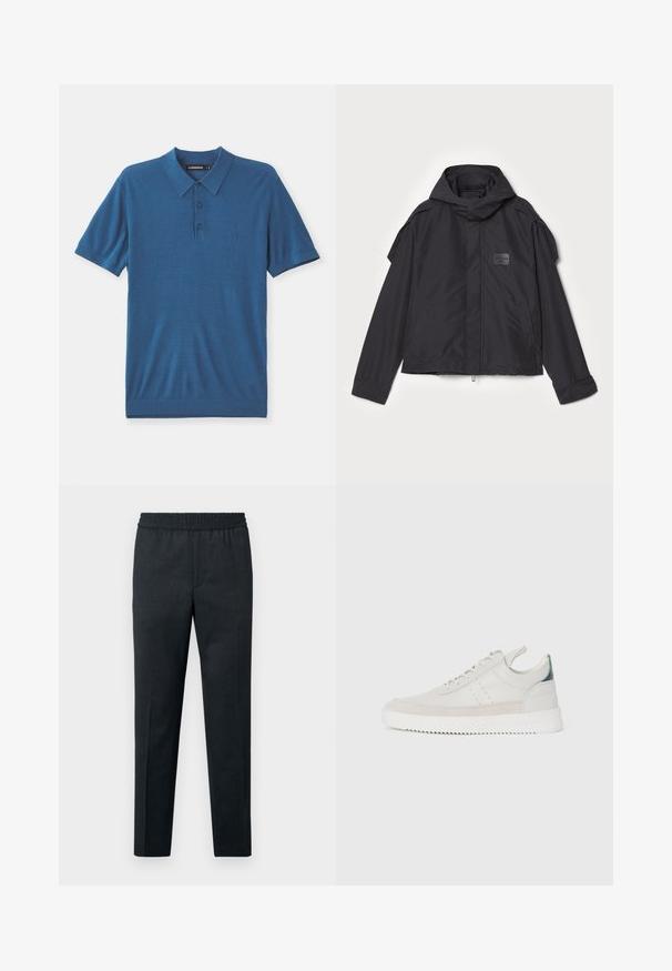 Juodas švarkas su kapišonu, pagamintas iš lygios medžiagos. Yra užtrauktukas priekyje, šoninės kišenės ir pečių akcentai. Paprastas dizainas su etikete.; Mėlyna polo marškinė, pagaminti iš minkštos medžiagos, su apykakle, trijų mygtukų užsegimu ir trumpomis rankovėmis. Diskretiškas logotipo detalė ant krūtinės.; Tamsiai pilkos kelnės su elastiniu juosmeniu, tiesios kojų siūlės, minkšta tekstūra, be matomų kišenių ar raštų.; Balti odiniai sportbačiai su pilkais zomšos akcentais, su raišteliais, su traukimo juostele ir tekstūruota guma, kurioje matomas zigzago raštas.