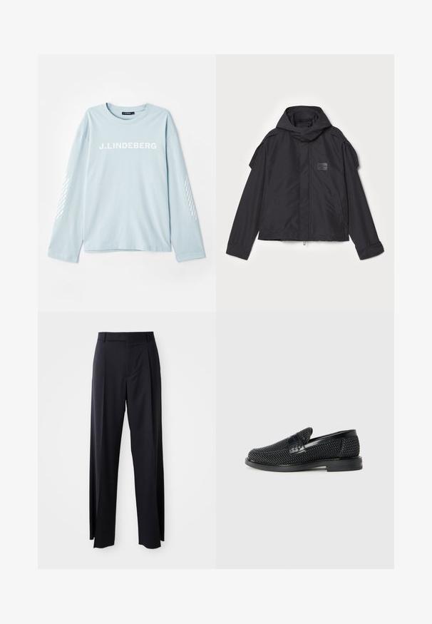 Schwarze Jacke mit Kapuze, aus glattem Stoff. Verfügt über einen Reißverschluss vorne, seitliche Taschen und Schulterakzente. Einfaches Design mit einem Etikett.; Himmelblaues Langarm-T-Shirt aus weichem Stoff, mit dem weißen „J. Lindeberg“-Logo auf der Vorderseite und einem gemusterten Akzent an den Ärmeln.; Schwarze, hoch taillierte Hose mit weitem Bein, aus glattem Stoff. Verfügt über vorne gelegte Falten und Gürtelschlaufen. Minimalistisches Design, ohne sichtbare Beschläge.; Schwarzer geflochtener Slipper mit einem glatten Lederakzent im Obermaterial, einem runden Zehendesign und einer flachen Gummisohle.