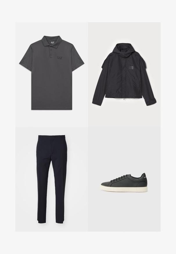 Čierna bunda s kapucňou, vyrobená z hladkej tkaniny. Obsahuje predný zips, bočné vrecká a ramenné akcenty. Jednoduchý dizajn so štítkom.; Tmavošedé polo tričko s krátkym rukávom, na prednej strane so skladom na tri gombíky a jemným logom EA7 Emporio Armani na ľavej hrudi.; Námornícke nohavice strihané z tkanej látky, s plochým predným dielom, pútkami na opasok a rovnými nohavicami. Bez viditeľných vzorov alebo kovových doplnkov.; Čierne kožené tenisky s nízkym profilom, zaoblenou špičkou a šnurovaním; obsahujú textúrovanú gumovú podrážku a logo na päte.