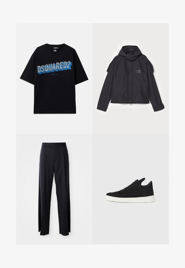 Fekete kapucnis dzseki, sima anyagból készült. Elöl zipzárral záródik, oldalsó zsebekkel és vállrész kiemelésekkel rendelkezik. Egyszerű dizájn jellemzi, címkével.; Dsquared2 Nyomott mintás póló - black; Fekete, magasan ültetett nadrág, széles szárai vannak, sima anyagból készült. Elülső redők és övhurkok jellemzik. Minimalista dizájn, látható fémalkatrészek nélkül.; Fekete nubuk sportcipő fehér gumitalppal, tónusos varrással és fűzős kialakítással. Simák a textúrája, modern, letisztult formával rendelkezik.