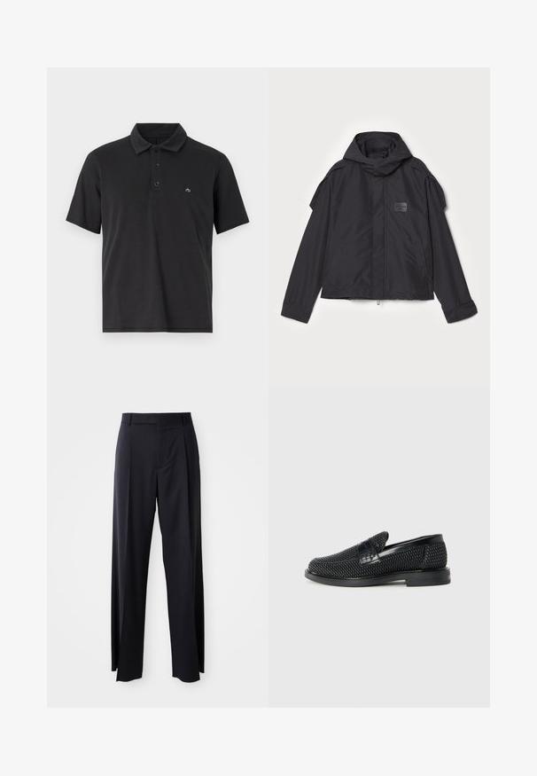 Fekete kapucnis dzseki, sima anyagból készült. Elöl zipzárral záródik, oldalsó zsebekkel és vállrész kiemelésekkel rendelkezik. Egyszerű dizájn jellemzi, címkével.; Fekete póló, amely pamutból készült, hajtott gallérral, három gombos nyakkal, rövid ujjakkal és egy kis hímezettt logóval a mellrészen.; Fekete, magasan ültetett nadrág, széles szárai vannak, sima anyagból készült. Elülső redők és övhurkok jellemzik. Minimalista dizájn, látható fémalkatrészek nélkül.; Fekete szőtt slip-on cipő sima bőr díszítéssel a felsőrészen, kerek orral és alacsony profilos gumitalppal.