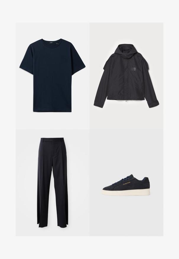 Mustatakki hupulla, valmistettu sileästä kankaasta. Ominaisuuksiin kuuluu vetoketjukiinnitys edessä, sivutaskut ja olkakorostukset. Yksinkertainen muotoilu, jossa on etiketti.; Kansansininen puuvillapaita, jossa on lyhyet hihat, pyöreä kaula-aukko ja rento istuvuus. Minimalistinen muotoilu ilman näkyviä kuvioita tai yksityiskohtia.; Musta, korkeavyötäröinen housupari, jossa on leveä lahje, valmistettu sileästä kankaasta. Edessä on laskokset ja vyölenkit. Minimalistinen muotoilu, ei näkyvää metalliosaa.; Navy sinivuori matalavartiset tennarit valkoisella pohjalla, laivastonsiniset nauhat ja "Filling Pieces" -logo kullassa sivussa.