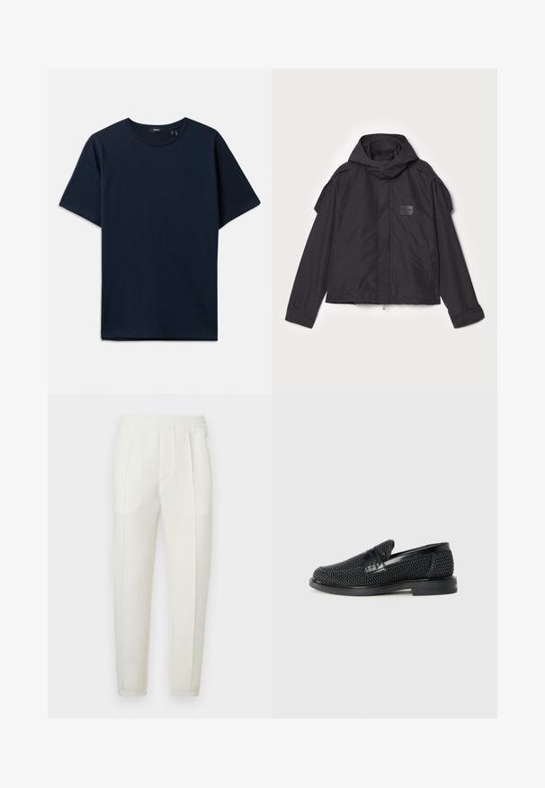 Czarna kurtka z kapturem, wykonana z gładkiego materiału. Posiada zamek z przodu, boczne kieszenie i akcenty na ramionach. Prosty design z metką.; Granatowa bawełniana koszulka z krótkimi rękawami, okrągłym dekoltem i luźnym krojem. Minimalistyczny design bez widocznych wzorów czy akcentów.; Białe, dopasowane spodnie z elastycznym pasem, wyposażone w dwie boczne kieszenie oraz gładką, lekko błyszczącą fakturę.; Czarny, pleciony but wsuwany z gładkim skórzanym akcentem na cholewce, o okrągłym nosku i niskoprofilowej gumowej podeszwie.