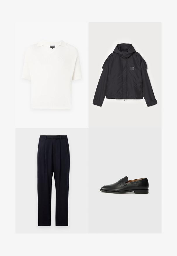 Černá bunda s kapucí, vyrobená z hladké tkaniny. Obsahuje zapínání na zip vpředu, boční kapsy a akcenty na ramenou. Jednoduchý design s štítkem.; Bílý pletený top s krátkým rukávem, výstřihem do V a límečkem, se žebrovanou strukturou a volným střihem. Žádné viditelné vzory ani akcenty.; Námořnické modré kalhoty rovného střihu, s texturovanou tkaninou, dvěma předními sklady, poutky na opasek a zapínáním na zip.; Černé kožené mokasíny s kulatou špičkou, jemným prošíváním a nízkým podpatkem, s hladkým povrchem a minimalistickým designem.