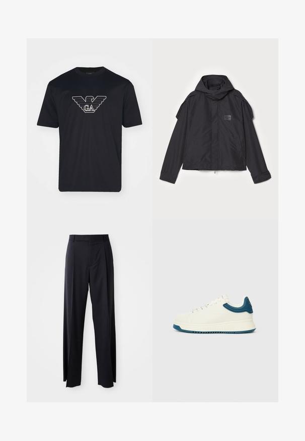 Μαύρο μπουφάν με κουκούλα, κατασκευασμένο από λεία ύφανση. Διαθέτει φερμουάρ μπροστά, πλάγιες τσέπες και διακρίσεις στους ώμους. Απλός σχεδιασμός με ετικέτα.; Emporio Armani Μπλουζάκι με στάμπα - black; Μαύρο παντελόνι ψηλόμεσο με φαρδιά γραμμή, κατασκευασμένο από απαλό ύφασμα. Διαθέτει πιέτες εμπρός και θηλιές ζώνης. Μινιμαλιστικός σχεδιασμός, χωρίς ορατά αξεσουάρ.; Λευκά αθλητικά παπούτσια με λείο φινίρισμα, μπλε υφασμάτινες λεπτομέρειες γύρω από τον γιακά και χοντρή σόλα. Διαθέτει στρογγυλά κορδόνια και σχεδίαση χαμηλού προφίλ.